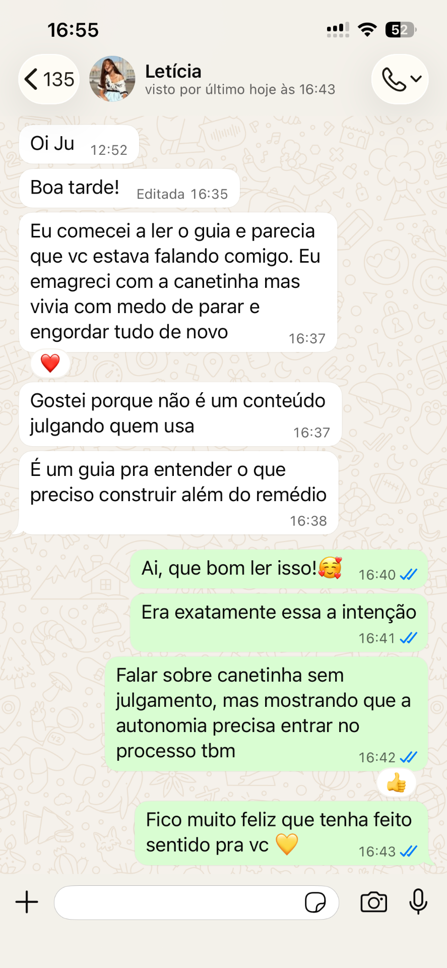 Print de conversa — Letícia sobre o guia Depois da Canetinha