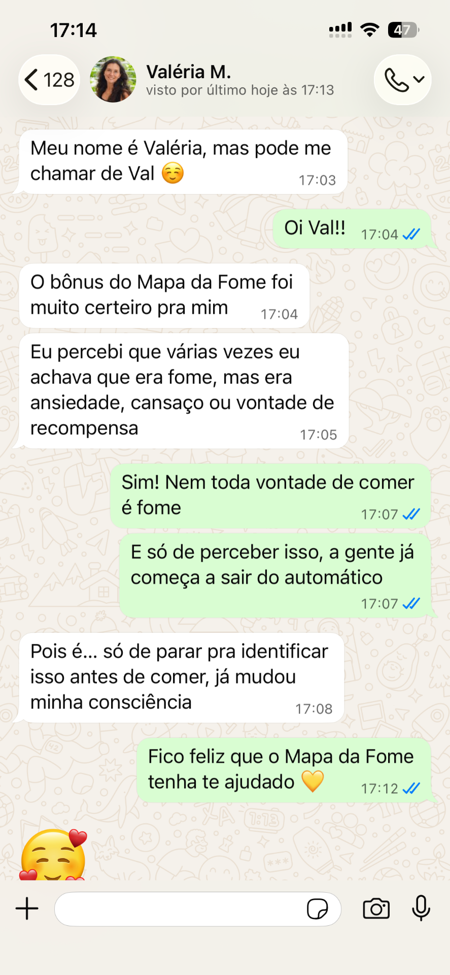 Print de conversa — Valéria M. sobre o guia Depois da Canetinha